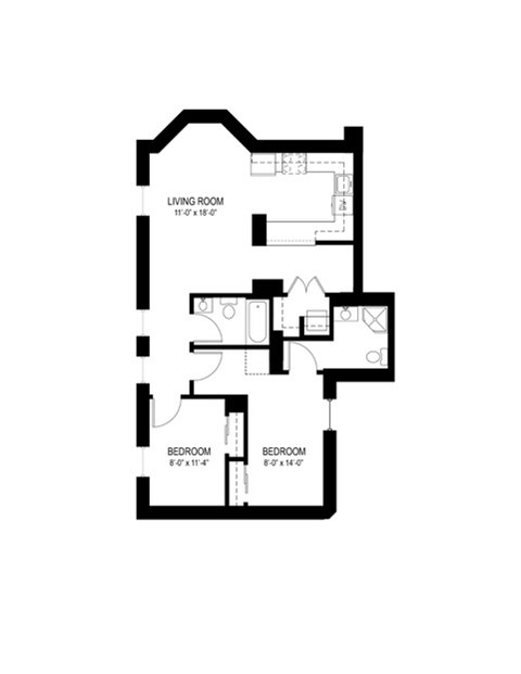 Floor plan for 2 beds, 1 bath, 803 sqft